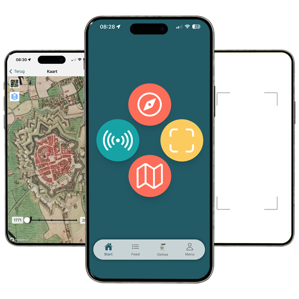 Drie smartphone schermen met de ErfgoedApp interface - overzicht van erfgoed tours, interactieve kaart en augmented reality functies